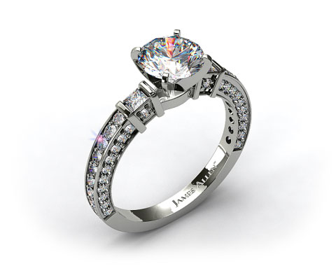 14k White Gold Bar Set and Three Sided Pave Diamond Engagement Ring